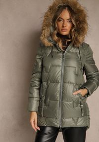 Renee - Zielona Kurtka z Pikowanymi Przeszyciami i Kapturem z Odpinanym Futrem Galenea. Okazja: na co dzień. Kolor: zielony. Materiał: futro. Styl: elegancki, casual