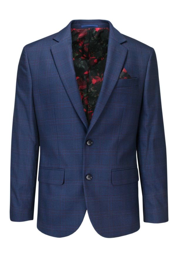 Victorio - Garnitur Elegancki SLIM, Granatowy w Kratkę Zapinany na Dwa Guziki, Spodnie w Kant -VICTORIO. Kolor: niebieski. Materiał: wiskoza, poliester, elastan. Wzór: kratka