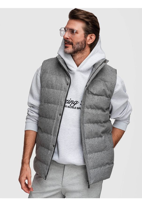 Ombre Clothing - Męski pikowany bezrękawnik z wełną – szary melanż V1 - Rozmiar: S/M. Okazja: na co dzień. Kolor: szary. Materiał: wełna. Długość rękawa: bez rękawów. Wzór: melanż. Styl: casual, sportowy