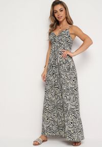 Born2be - Czarno-Biała Bawełniana Sukienka na Regulowanych Ramiączkach z Kopertowym Dekoltem Desvima. Okazja: na co dzień. Kolor: czarny. Materiał: bawełna. Długość rękawa: na ramiączkach. Wzór: nadruk. Sezon: lato. Typ sukienki: kopertowe. Styl: klasyczny, casual, elegancki #1