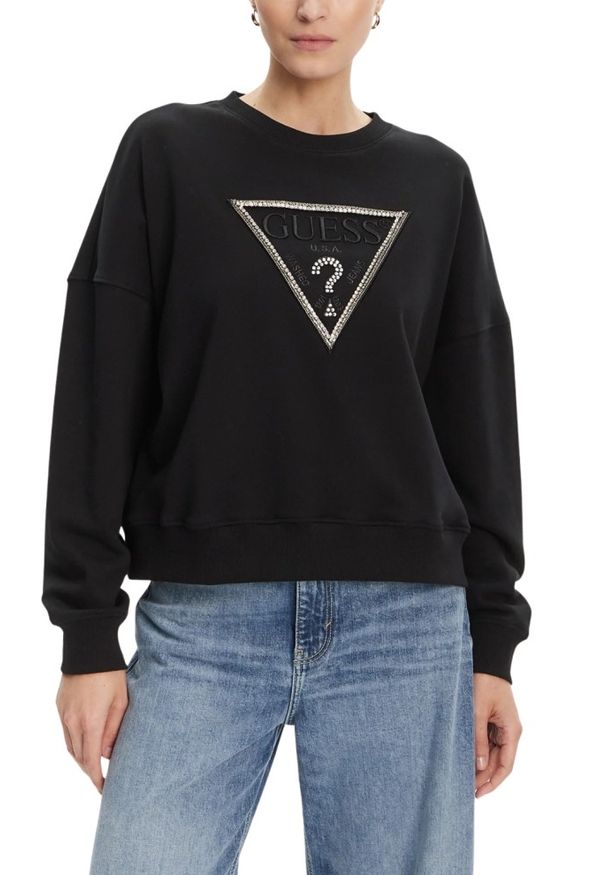 Guess - GUESS Czarna damska bluza z cyrkoniami Rachele, Rozmiar M. Kolor: czarny