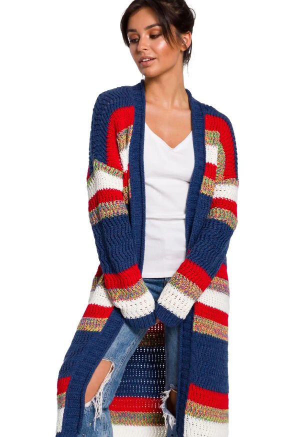 Sukienki.shop - Długi sweter w kolorowe pasy kardigan bez zapięcia narzutka. Okazja: na co dzień, na spacer. Materiał: dzianina, materiał, akryl, jeans. Długość rękawa: długi rękaw. Długość: długie. Wzór: kolorowy, ze splotem. Sezon: jesień, zima. Styl: casual, elegancki