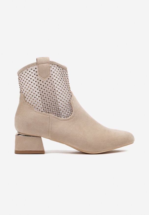 Born2be - Beżowe Botki Vices na Obcasie z Siateczkową Cholewką Deonelle. Okazja: na co dzień. Kolor: beżowy. Materiał: jeans. Szerokość cholewki: normalna. Wzór: aplikacja. Obcas: na obcasie. Styl: elegancki, casual. Wysokość obcasa: średni
