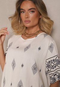 Renee - Beżowo-Szary Komplet w Stylu Boho Bluzka z Krótkim Rękawem i Luźne Spodnie Divorine. Kolor: beżowy. Materiał: materiał #5