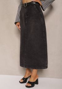 Renee - Czarna Jeansowa Spódnica Maxi o Rozkloszowanym Kroju z Paskiem Teviva. Kolor: czarny. Materiał: jeans. Sezon: lato, wiosna