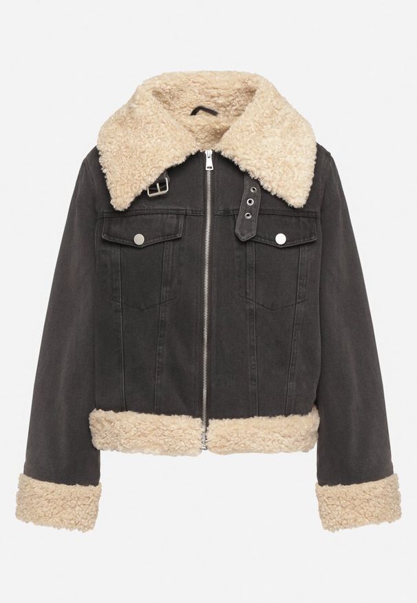 Born2be - Ciemnoszara Kurtka Jeansowa z Bawełną i Futerkiem w Stylu Baranka Sallona. Okazja: na co dzień. Kolor: szary. Materiał: jeans, futro, bawełna. Sezon: wiosna, jesień. Styl: retro, wizytowy, casual, elegancki