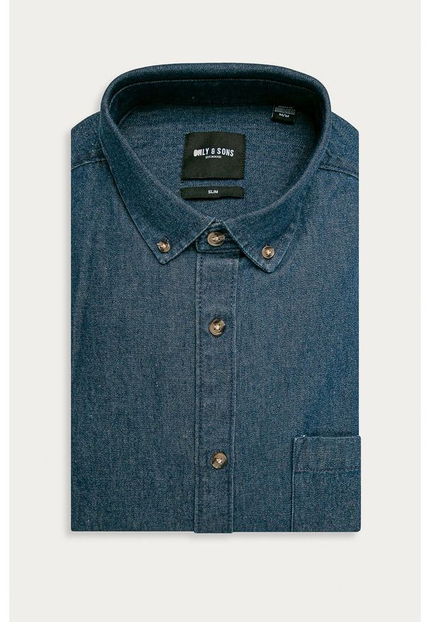 Only & Sons - Koszula jeansowa. Okazja: na co dzień. Typ kołnierza: button down. Kolor: niebieski. Materiał: jeans. Długość: długie. Wzór: gładki. Styl: casual