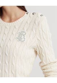 Lauren Ralph Lauren - LAUREN BY RALPH LAUREN - Bawełniany sweter z monogramem. Kolor: biały. Materiał: bawełna. Długość rękawa: długi rękaw. Długość: długie. Wzór: aplikacja, prążki, ze splotem #3