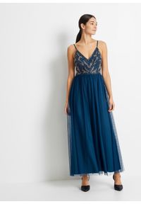 bonprix - Sukienka z aplikacją z perełek. Kolor: niebieski. Materiał: tiul. Wzór: aplikacja. Styl: elegancki