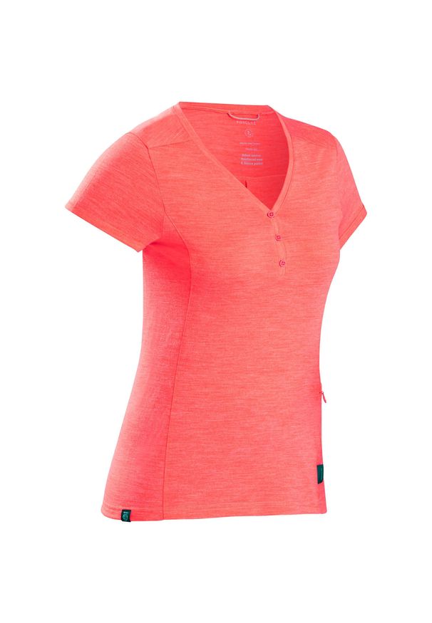 FORCLAZ - Koszulka trekkingowa damska Forclaz Travel 500 Merino. Kolor: czerwony. Materiał: materiał, wełna, akryl, poliamid. Sezon: zima, lato
