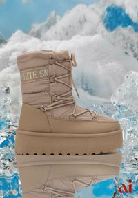 Renee - Ciemnobeżowe Śniegowce na Platformie z Ozdobnym Wiązaniem Zingie. Nosek buta: okrągły. Zapięcie: sznurówki. Kolor: beżowy. Materiał: wełna, jeans. Sezon: zima. Obcas: na platformie. Styl: elegancki #1