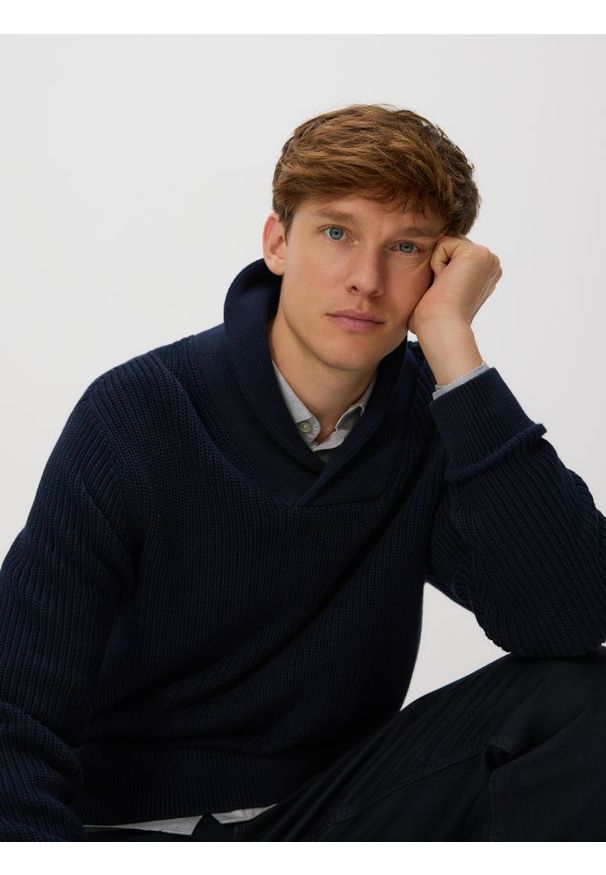 Reserved - Strukturalny sweter z bawełny - granatowy. Kolor: niebieski. Materiał: bawełna