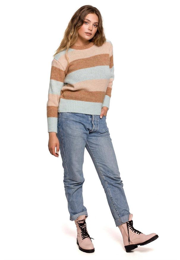 BE Knit - Mięciutki wełniany sweter w kolorowe paski. Okazja: na co dzień. Materiał: wełna. Wzór: paski, kolorowy. Sezon: jesień, zima. Styl: casual