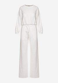 Renee - Biały Bawełniany Komplet Bluza Krótka ze Ściągaczem i Szerokie Spodnie ze Sznurkiem w Pasie Rionnea. Kolor: biały. Materiał: bawełna #6