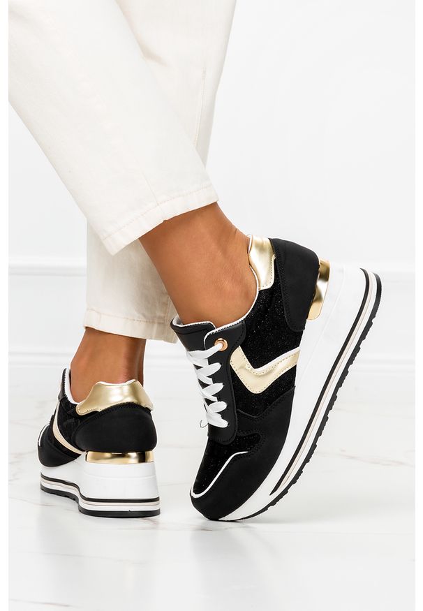 Casu - Czarne sneakersy na koturnie buty sportowe sznurowane casu bk220. Kolor: czarny, złoty, wielokolorowy. Obcas: na koturnie