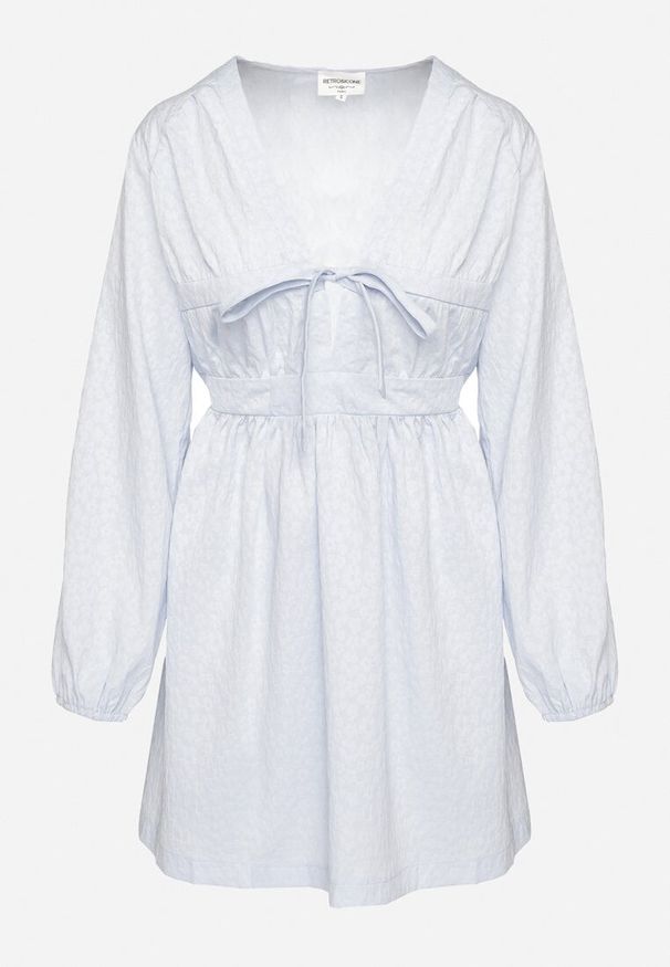 Born2be - Niebieska Sukienka o Rozkloszowanym Kroju Ozdobiona Wiązaniem Elretira. Okazja: na co dzień. Kolor: niebieski. Długość rękawa: długi rękaw. Wzór: aplikacja. Typ sukienki: rozkloszowane, proste. Styl: casual, elegancki