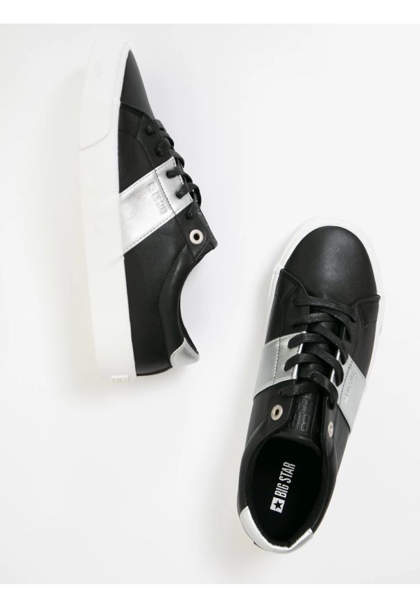 Big-Star - Sneakersy damskie w typie smart casual czarne JJ274360 906. Okazja: na co dzień. Zapięcie: sznurówki. Kolor: czarny. Materiał: jeans, skóra, bawełna. Szerokość cholewki: normalna. Wzór: aplikacja, kolorowy. Sport: turystyka piesza