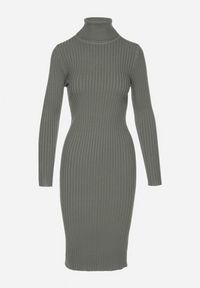 Born2be - Ciemnozielona Sukienka Prążkowana o Dopasowanym Kroju z Golfem Kaszmirem Bawełną i Wełną Vaithessa. Okazja: na co dzień. Typ kołnierza: golf. Kolor: zielony. Materiał: wełna, bawełna, prążkowany, kaszmir. Długość rękawa: długi rękaw. Styl: casual, elegancki #6