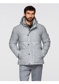 Ombre Clothing - Męska casualowa kurtka puffer z wełną – jasnoszary melanż V3 - Rozmiar: M. Okazja: na co dzień. Typ kołnierza: kołnierzyk stójkowy. Kolor: szary. Materiał: wełna. Długość: długie. Wzór: melanż. Styl: casual