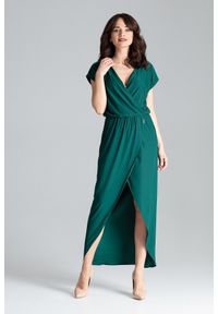 Lenitif - Długa asymetryczna sukienka na gumce kopertowy dekolt zielona. Typ kołnierza: dekolt kopertowy. Kolor: zielony. Typ sukienki: asymetryczne, kopertowe. Długość: maxi #2