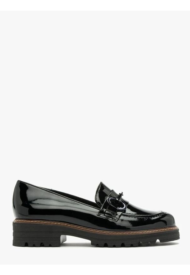 Ryłko - Czarne mokasyny z ozdobą na cholewce. Nosek buta: okrągły. Kolor: czarny. Materiał: lakier, skóra, syntetyk. Szerokość cholewki: normalna. Wzór: aplikacja. Obcas: na obcasie. Styl: street. Wysokość obcasa: średni