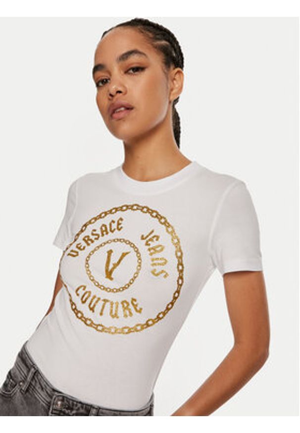 Versace Jeans Couture T-Shirt 77HAHT02 CJ03T Biały Slim Fit. Kolor: biały. Materiał: bawełna