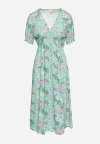 Born2be - Zielona Sukienka Midi z Głębokim Dekoltem i Gumką w Pasie z Wiskozy Arevik. Kolor: zielony. Materiał: wiskoza. Długość: midi #3