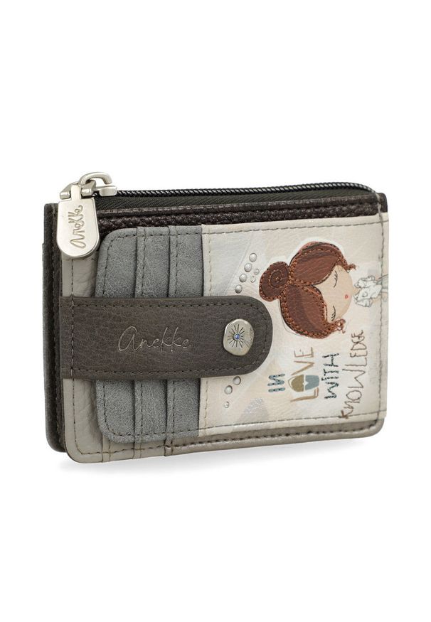 Etui na karty damskie Anekke, z efektownym nadrukiem i metalowym logo wyposażony w przegrodę na banknoty kieszeń na monety zamykaną na suwak oraz lic. Kolor: szary. Wzór: nadruk