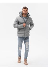 Ombre Clothing - Kurtka męska zimowa C519 - szara - XXL. Kolor: szary. Materiał: puch, poliester. Wzór: jednolity, geometria. Sezon: zima. Styl: klasyczny #3