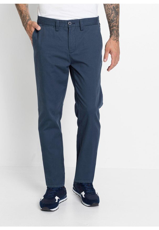 bonprix - Spodnie chino Regular Fit Straight, z czystej bawełny. Kolor: niebieski. Materiał: bawełna. Wzór: gładki. Styl: klasyczny