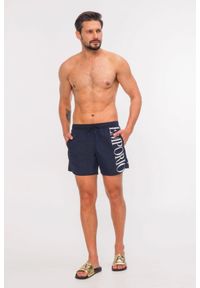 Emporio Armani - EMPORIO ARMANI Granatowe męskie szorty kąpielowe z białym logo, Rozmiar 50. Kolor: niebieski. Materiał: poliester #4