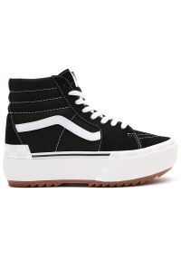 Buty Vans Sk8-Hi Stacked VN0A4BTW5ZN1 - czarne. Okazja: na co dzień. Wysokość cholewki: przed kolano. Zapięcie: pasek. Kolor: czarny. Materiał: materiał, zamsz, guma. Szerokość cholewki: normalna. Wzór: paski, haft. Model: Vans SK8