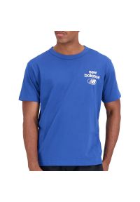 Koszulka New Balance MT31518ATE - niebieska. Kolor: niebieski. Materiał: tkanina, skóra, bawełna. Długość rękawa: krótki rękaw. Długość: krótkie