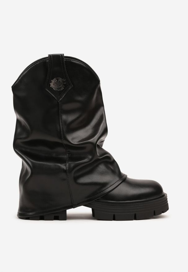 Born2be - Czarne Botki z Marszczoną Wywiniętą Cholewką i Ozdobą Gafire. Okazja: na co dzień. Kolor: czarny. Materiał: jeans. Szerokość cholewki: normalna. Wzór: aplikacja. Styl: casual