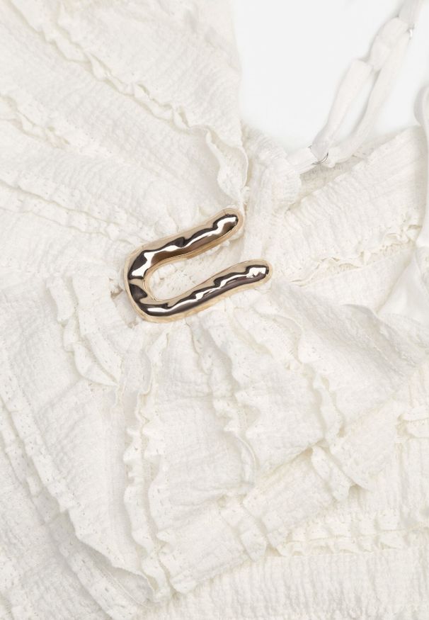 Born2be - Jasnobeżowy Letni Komplet ze Strukturalnej Tkaniny Top na Ramiączkach i Spódnica Hemerin. Kolor: beżowy. Materiał: tkanina