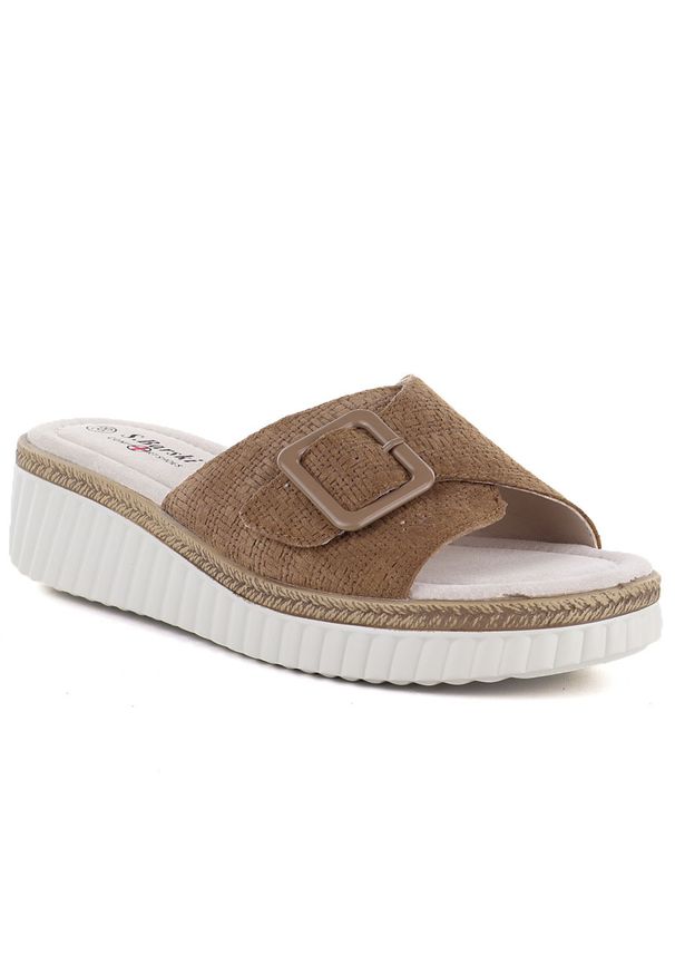 Skórzane klapki damskie na koturnie brązowe S.Barski 7002. Kolor: brązowy. Materiał: skóra. Obcas: na koturnie