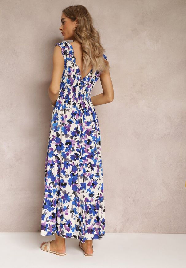 Renee - Fioletowo-Niebieska Kopertowa Sukienka Maxi w Kwiaty z Gumką w Pasie z Wiskozy Marielys. Kolor: fioletowy. Materiał: wiskoza. Wzór: kwiaty. Typ sukienki: kopertowe. Długość: maxi