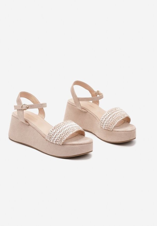 Renee - Różowe Sandały na Koturnie i Platformie Zapinane wokół Kostki Reniora. Okazja: na spacer, na co dzień. Kolor: różowy. Wzór: aplikacja. Obcas: na koturnie. Styl: elegancki, casual