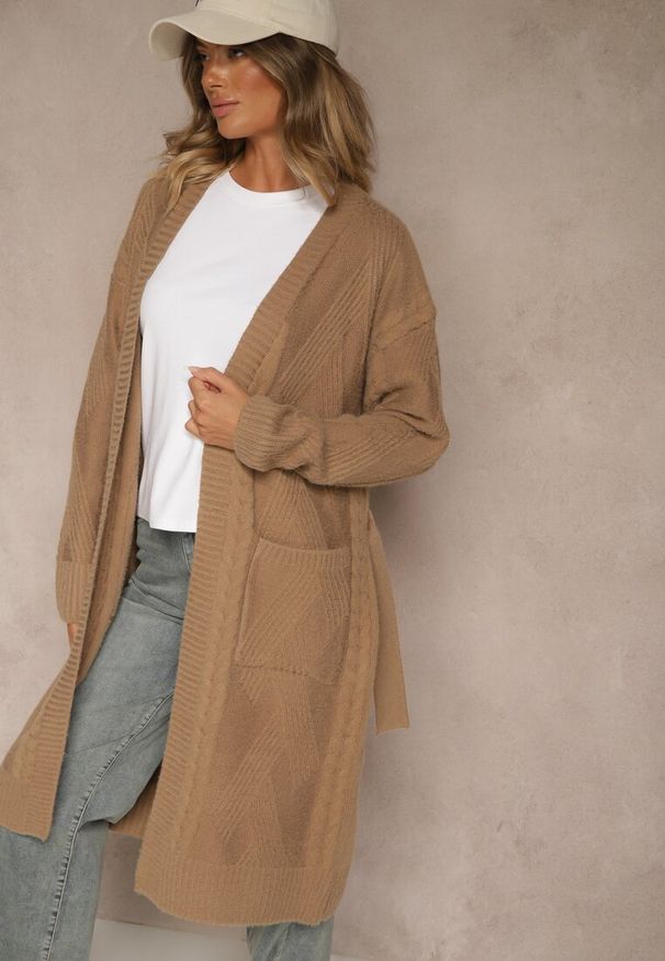 Renee - Brązowy Tłoczony Kardigan z Wełną o Kroju Bez Zapięć z Paskiem Dorrive. Okazja: na co dzień. Kolor: brązowy. Materiał: wełna. Styl: casual, elegancki