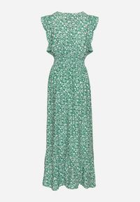 Born2be - Zielona Sukienka o Rozkloszowanym Kroju z Falbankami w Kwiatowy Wzór Aravisse. Okazja: na co dzień. Typ kołnierza: kołnierz z falbankami. Kolor: zielony. Wzór: kwiaty. Styl: casual, elegancki #2