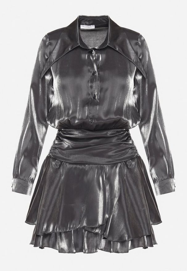 Born2be - Szara Sukienka z Wiskozy o Koszulowym Kroju z Falbankami Liova. Typ kołnierza: kołnierz z falbankami. Kolor: szary. Materiał: wiskoza. Typ sukienki: koszulowe