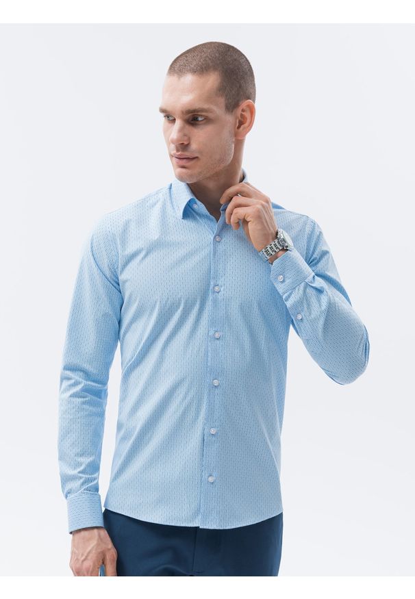 Ombre Clothing - Koszula męska z długim rękawem REGULAR FIT - błękitna K606 - XXL. Okazja: na co dzień. Kolor: niebieski. Materiał: bawełna, poliester, elastan. Długość rękawa: długi rękaw. Długość: długie. Styl: casual