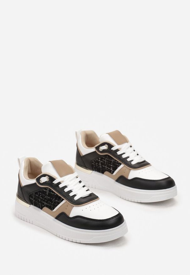 Born2be - Czarne Sneakersy na Niskiej Platformie z Tweedową Wstawką Niman. Kolor: czarny. Obcas: na platformie