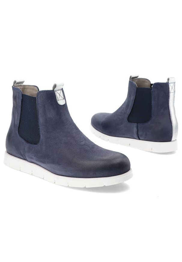 Granatowe Botki Karino Wsuwane Obuwie Damskie. Zapięcie: bez zapięcia. Kolor: niebieski. Materiał: jeans, skóra. Styl: elegancki