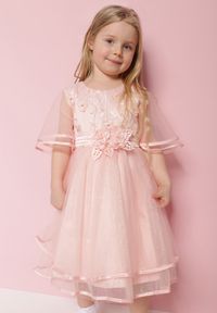 Born2be - Różowa Tiulowa Rozkloszowana Sukienka z Paskiem Ozdobionym Kwiatami Niriwa. Okazja: na imprezę. Kolor: różowy. Materiał: tiul. Wzór: aplikacja, kwiaty. Styl: elegancki #3