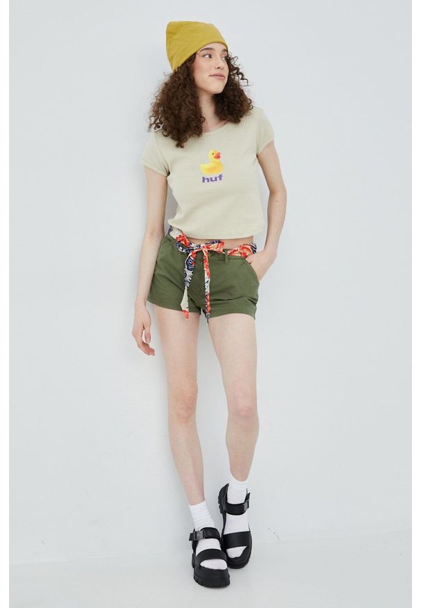 Superdry szorty damskie kolor zielony gładkie medium waist. Okazja: na co dzień. Kolor: zielony. Materiał: bawełna, tkanina. Wzór: gładki. Styl: casual