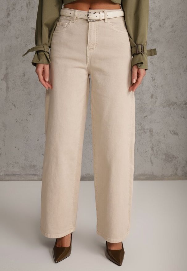 Renee - Beżowe Szerokie Jeansy Bawełniane High Waist Fyrlyss. Okazja: na co dzień. Stan: podwyższony. Kolor: beżowy. Styl: casual, elegancki