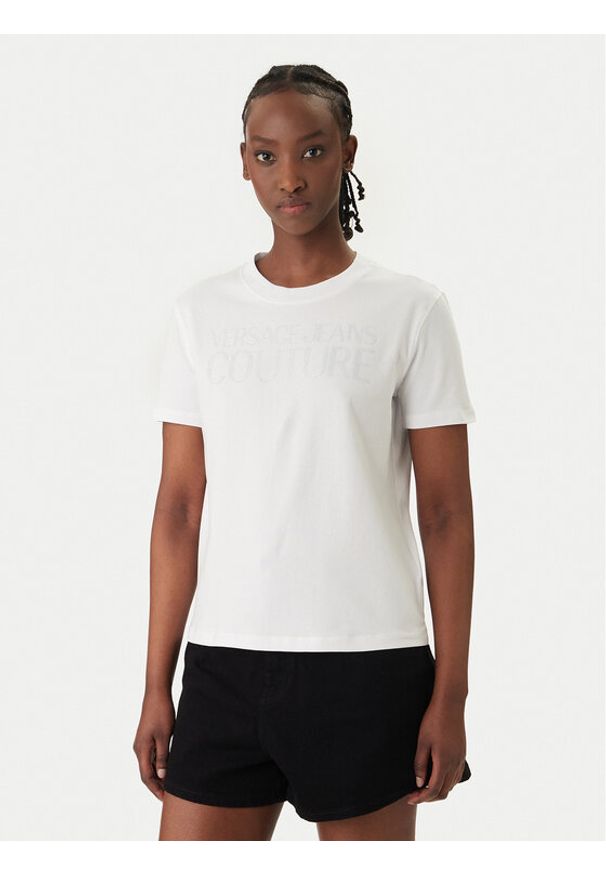 Versace Jeans T-Shirt 80HAHT09 Biały Regular Fit. Kolor: biały. Materiał: bawełna