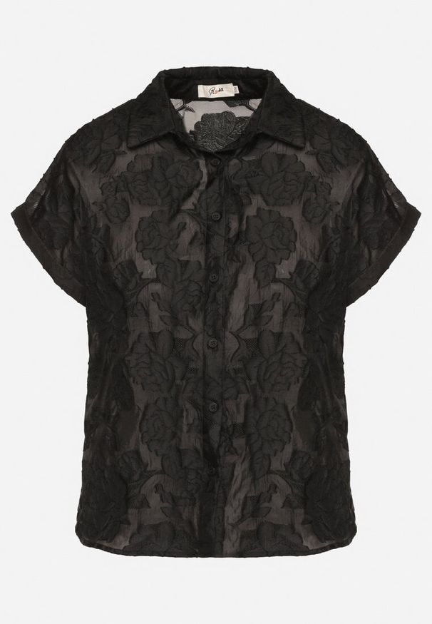 Born2be - Czarna Koszula z Krótkim Rękawem i Kwiatowym Wzorem Froena. Okazja: na spotkanie biznesowe, na co dzień. Typ kołnierza: kołnierzyk klasyczny. Kolor: czarny. Materiał: jeans. Długość rękawa: krótki rękaw. Długość: krótkie. Wzór: kwiaty. Styl: biznesowy, klasyczny, casual