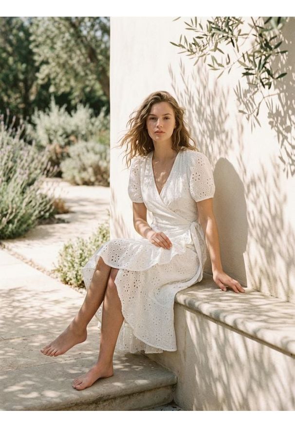 Sinsay - Bawełniana ażurowa sukienka midi z falbaną i wiązaniem - biały. Kolor: biały. Materiał: bawełna. Wzór: ażurowy. Długość: midi